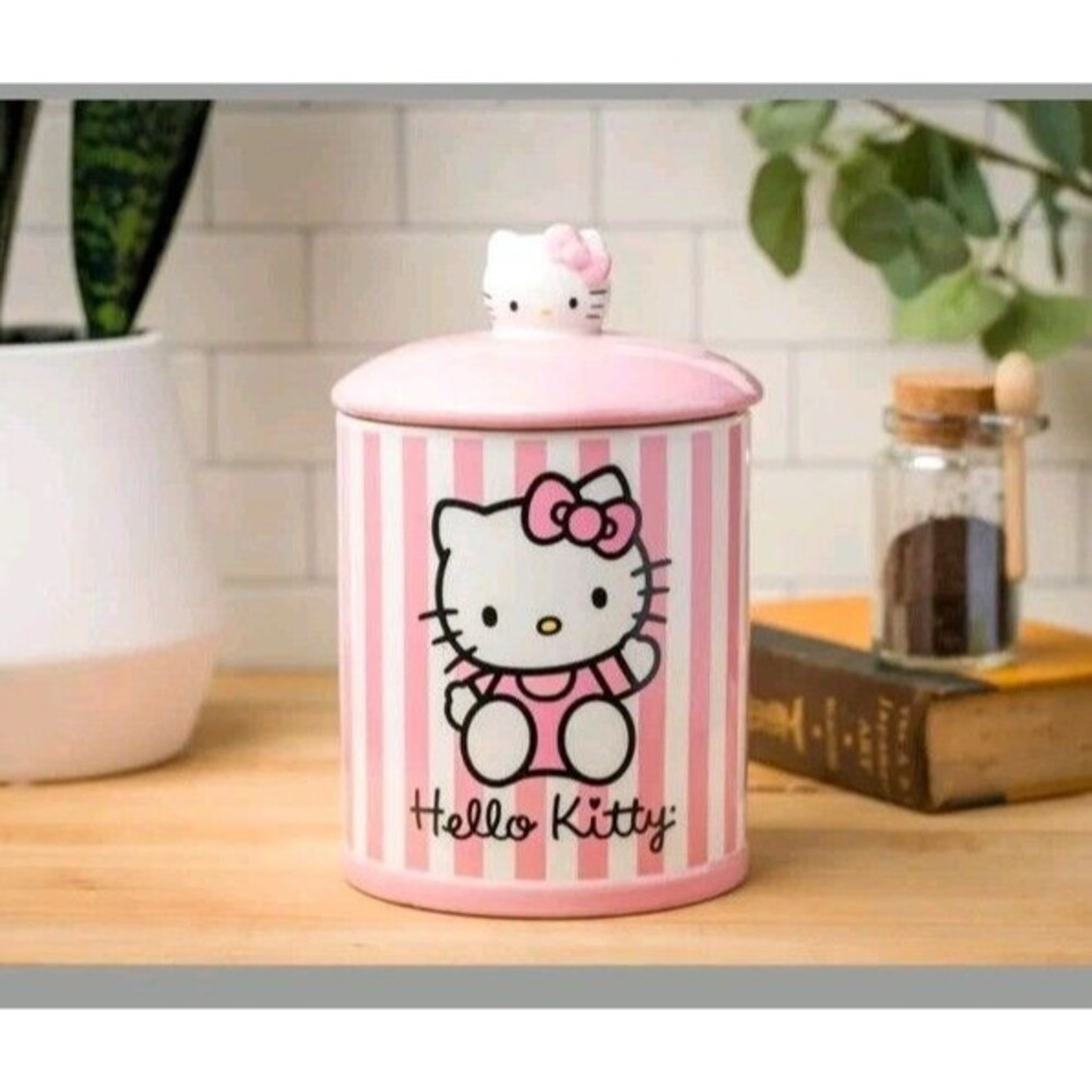 Hello Kitty Pink/White Stripe Canister Cookie Jar 8.5” NEW HTF Rare Sanrio